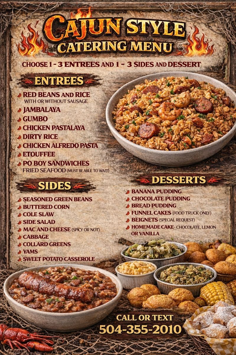 Cajun catering menu featuring entrees, sides, and desserts with contact info.